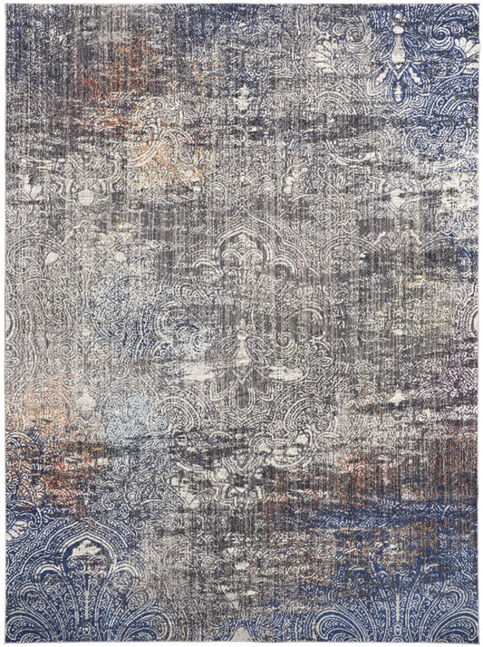 5' X 8' Taupe Blue And Ivory Abstract Power Loom Distressed Stain Resistant Area Rug