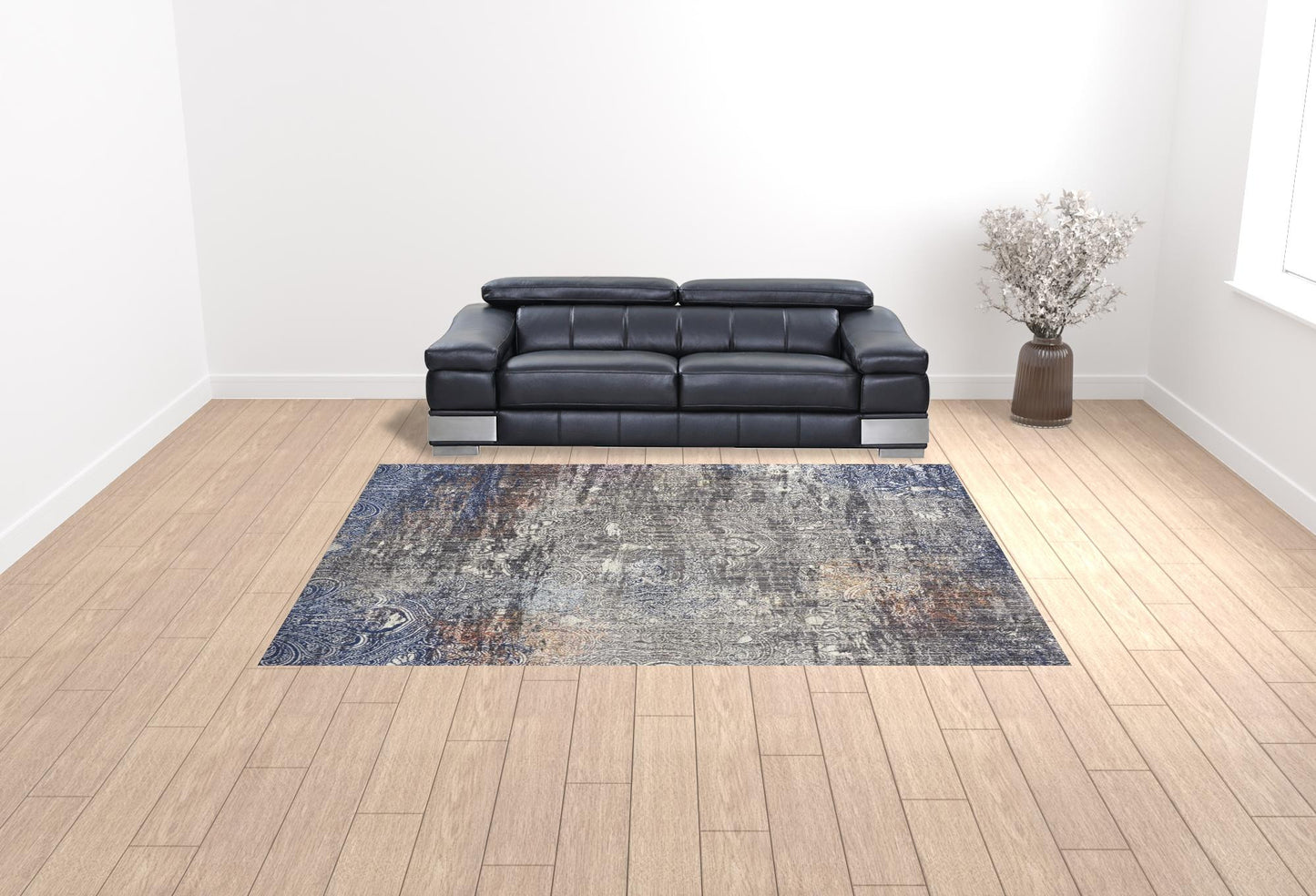 5' X 8' Taupe Blue And Ivory Abstract Power Loom Distressed Stain Resistant Area Rug