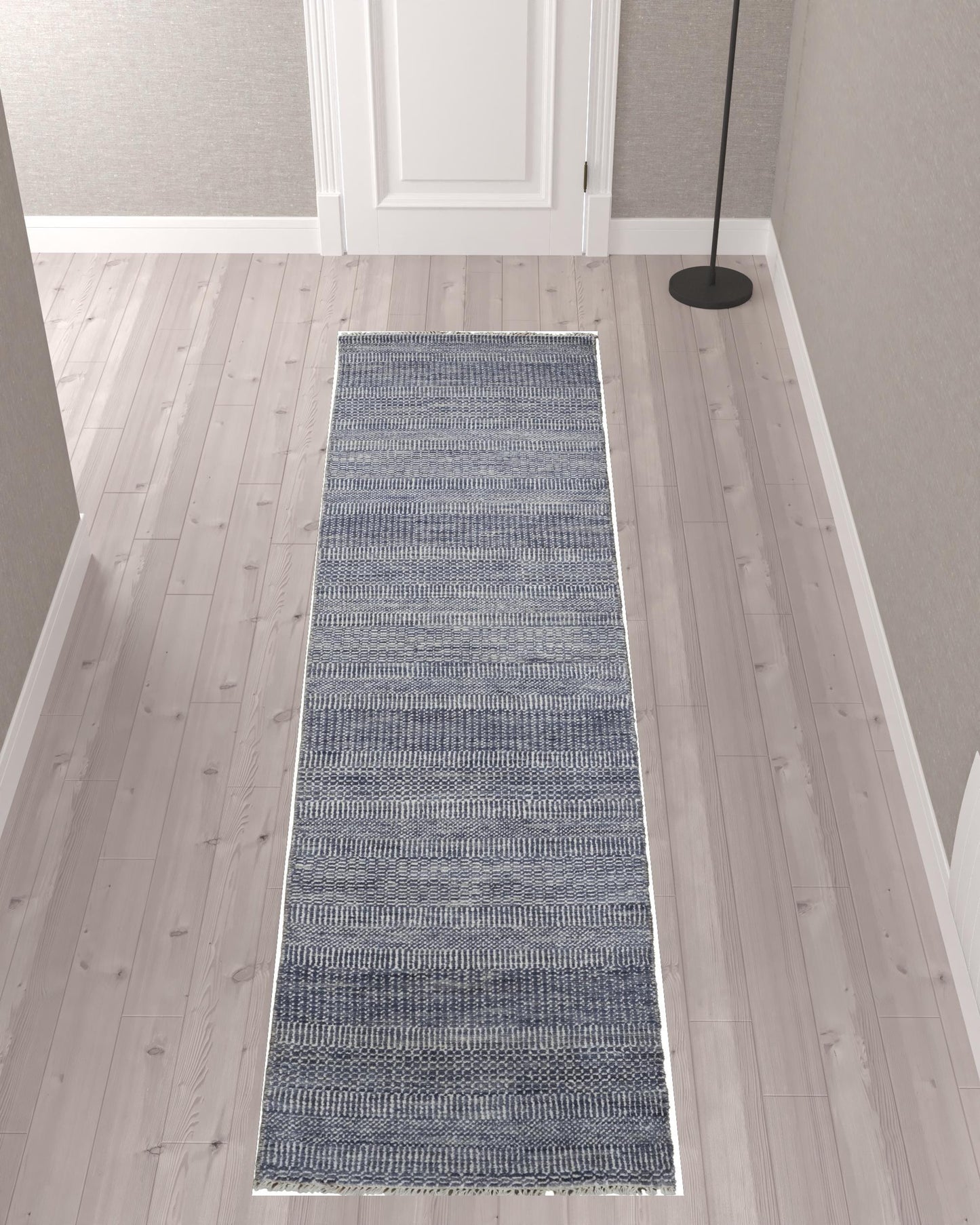 8' X 10' Blue And Gray Wool Striped Hand Knotted Area Rug