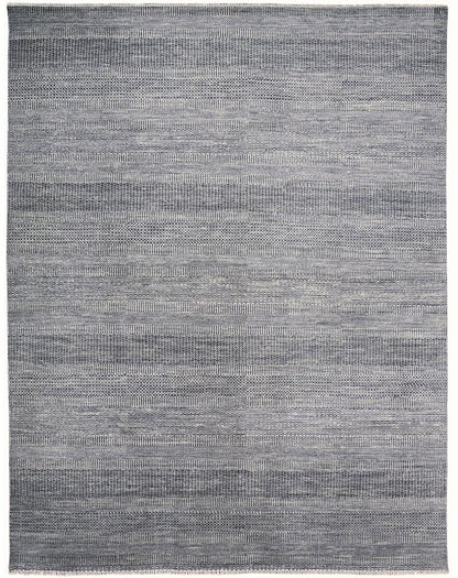 8' X 10' Blue And Silver Wool Striped Shag Hand Knotted Area Rug
