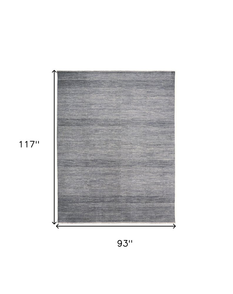 8' X 10' Blue And Silver Wool Striped Shag Hand Knotted Area Rug