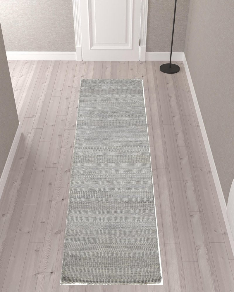 8' X 10' Blue And Silver Wool Striped Shag Hand Knotted Area Rug