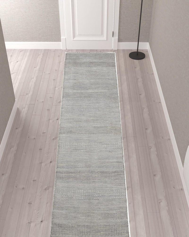 8' X 10' Blue And Silver Wool Striped Shag Hand Knotted Area Rug