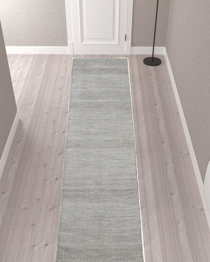 8' X 10' Blue And Silver Wool Striped Shag Hand Knotted Area Rug