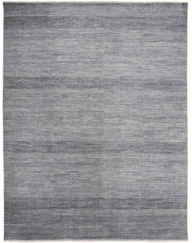 8' X 10' Blue And Silver Wool Striped Shag Hand Knotted Area Rug