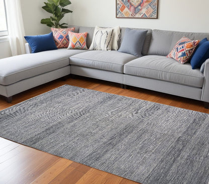 8' X 10' Blue And Silver Wool Striped Shag Hand Knotted Area Rug