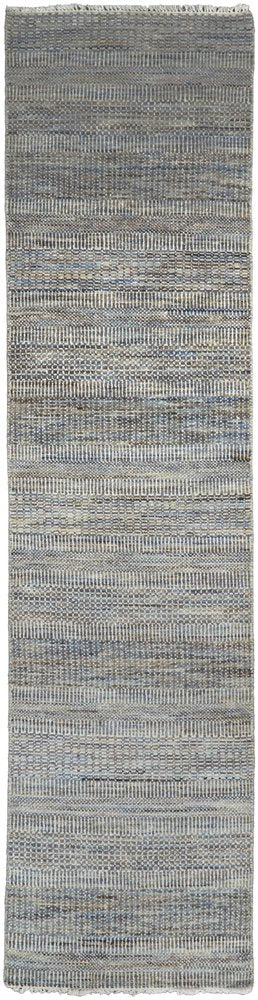 10' Silver And Brown Wool Striped Shag Hand Knotted Runner Rug