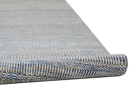 10' Silver And Brown Wool Striped Shag Hand Knotted Runner Rug