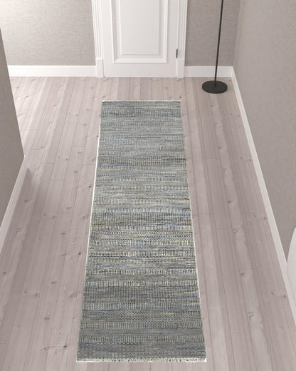 10' Silver And Brown Wool Striped Shag Hand Knotted Runner Rug