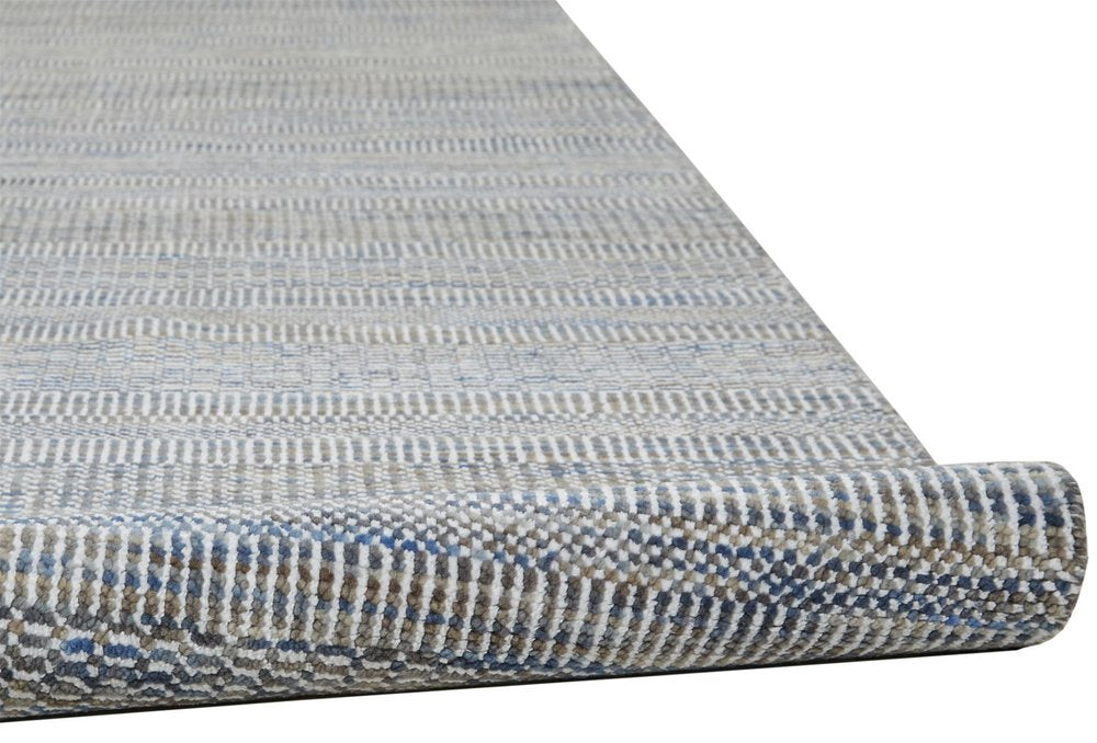 10' Silver And Brown Wool Striped Shag Hand Knotted Runner Rug