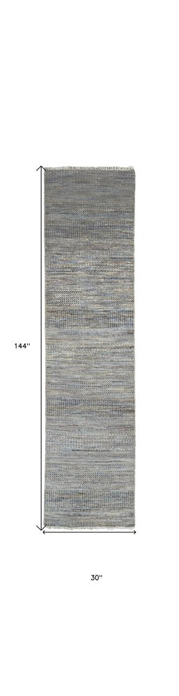 10' Silver And Brown Wool Striped Shag Hand Knotted Runner Rug