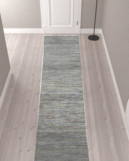 10' Silver And Brown Wool Striped Shag Hand Knotted Runner Rug