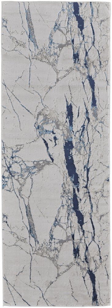 8' Ivory And Blue Marble Distressed Runner Rug