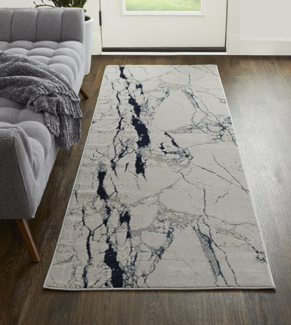 8' Ivory And Blue Marble Distressed Runner Rug