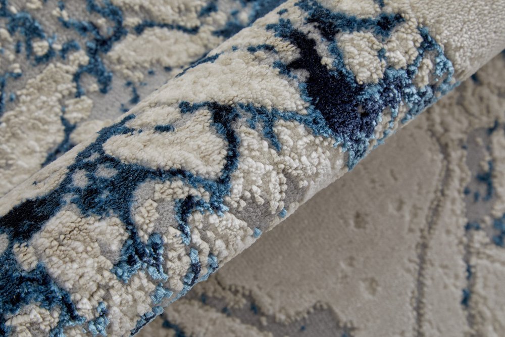 8' Ivory And Blue Marble Distressed Runner Rug