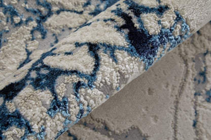 8' Ivory And Blue Marble Distressed Runner Rug