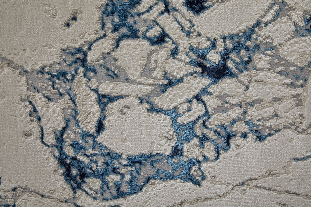 8' Ivory And Blue Marble Distressed Runner Rug