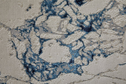 8' Ivory And Blue Marble Distressed Runner Rug