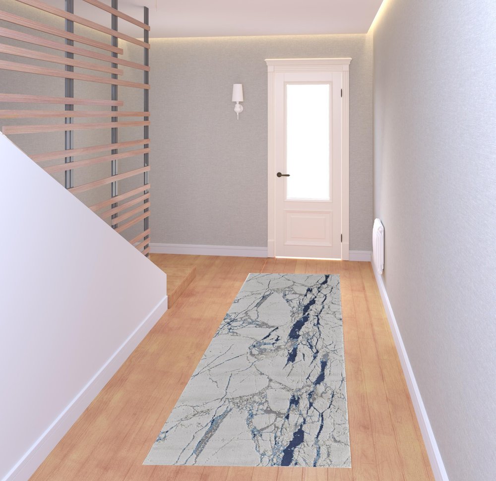 8' Ivory And Blue Marble Distressed Runner Rug