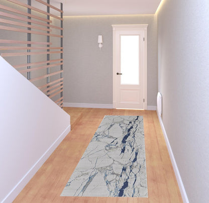 8' Ivory And Blue Marble Distressed Runner Rug