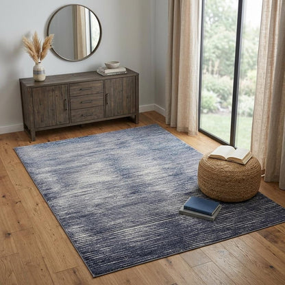 7' X 10' Blue and Ivory Striped Power Loom Distressed Non Skid Area Rug