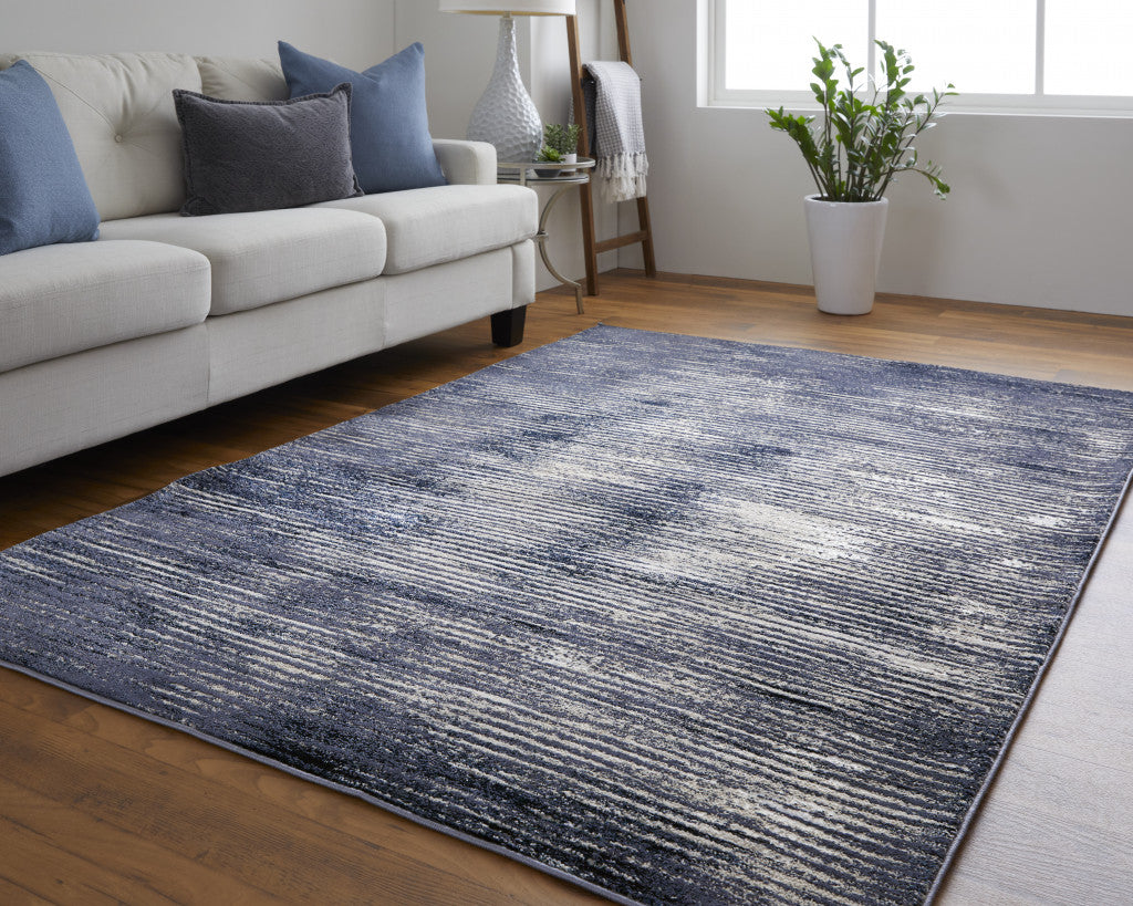 5' X 8' Blue and Ivory Striped Power Loom Distressed Non Skid Area Rug