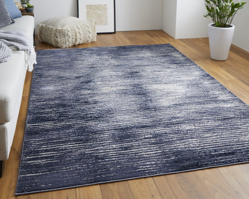 8' X 10' Blue and Ivory Striped Power Loom Distressed Non Skid Area Rug