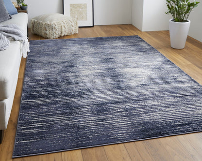 8' X 10' Blue and Ivory Striped Power Loom Distressed Non Skid Area Rug
