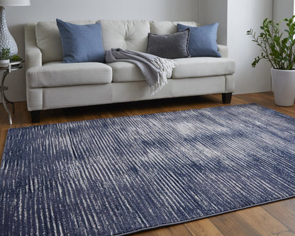 4' X 6' Blue and Ivory Striped Power Loom Distressed Non Skid Area Rug