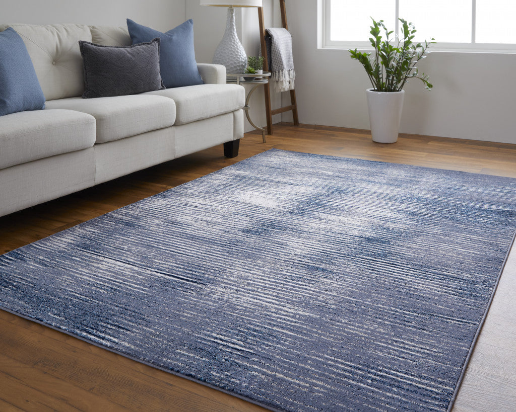 5' X 8' Blue and Ivory Striped Power Loom Distressed Non Skid Area Rug