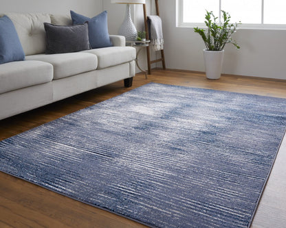 4' X 6' Blue and Ivory Striped Power Loom Distressed Non Skid Area Rug