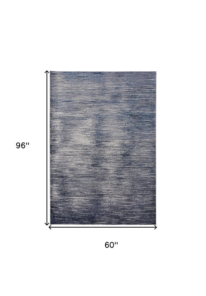 4' X 6' Blue and Ivory Striped Power Loom Distressed Non Skid Area Rug