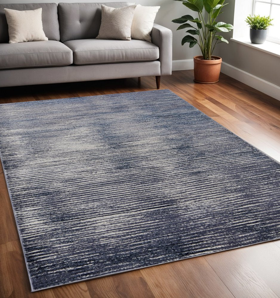 4' X 6' Blue and Ivory Striped Power Loom Distressed Non Skid Area Rug