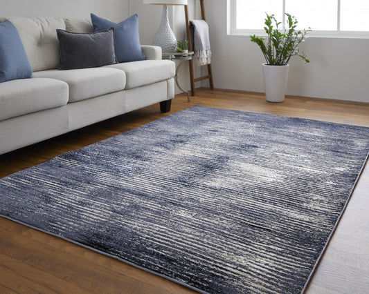 4' X 6' Blue and Ivory Striped Power Loom Distressed Non Skid Area Rug