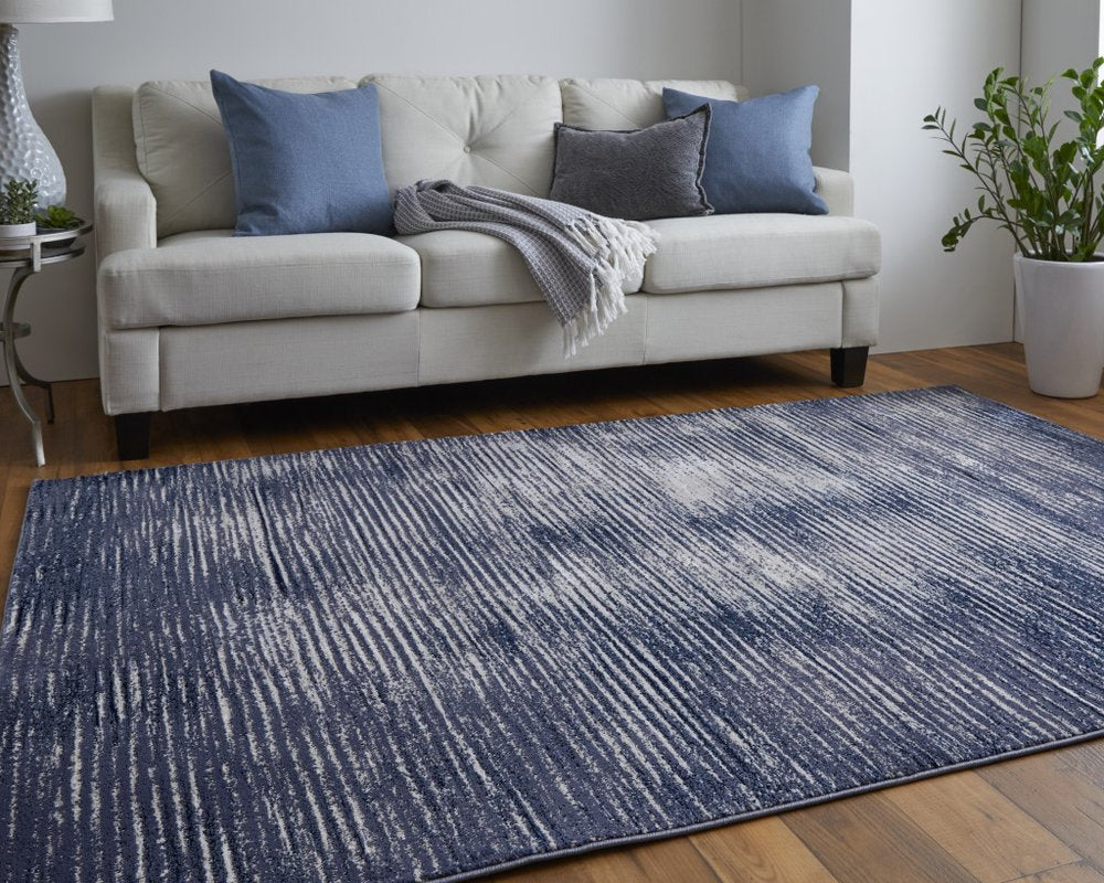 4' X 6' Blue and Ivory Striped Power Loom Distressed Non Skid Area Rug