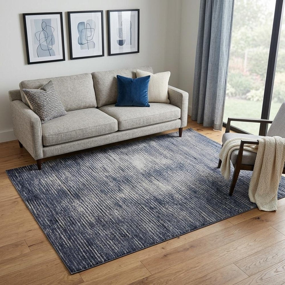 7' X 10' Blue and Ivory Striped Power Loom Distressed Non Skid Area Rug