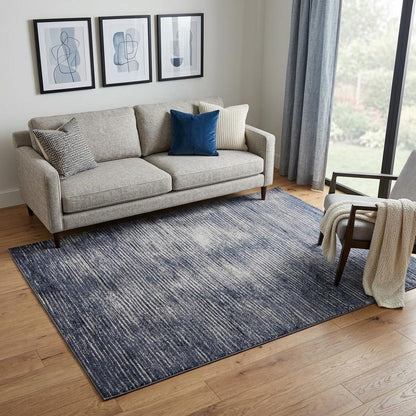 7' X 10' Blue and Ivory Striped Power Loom Distressed Non Skid Area Rug