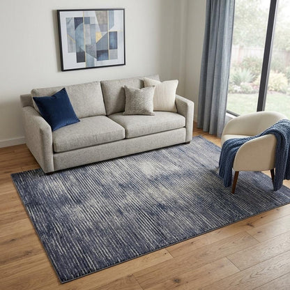 5' X 8' Blue and Ivory Striped Power Loom Distressed Non Skid Area Rug