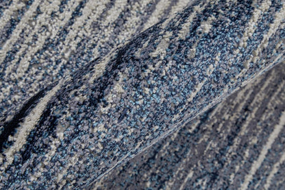 7' X 10' Blue and Ivory Striped Power Loom Distressed Non Skid Area Rug