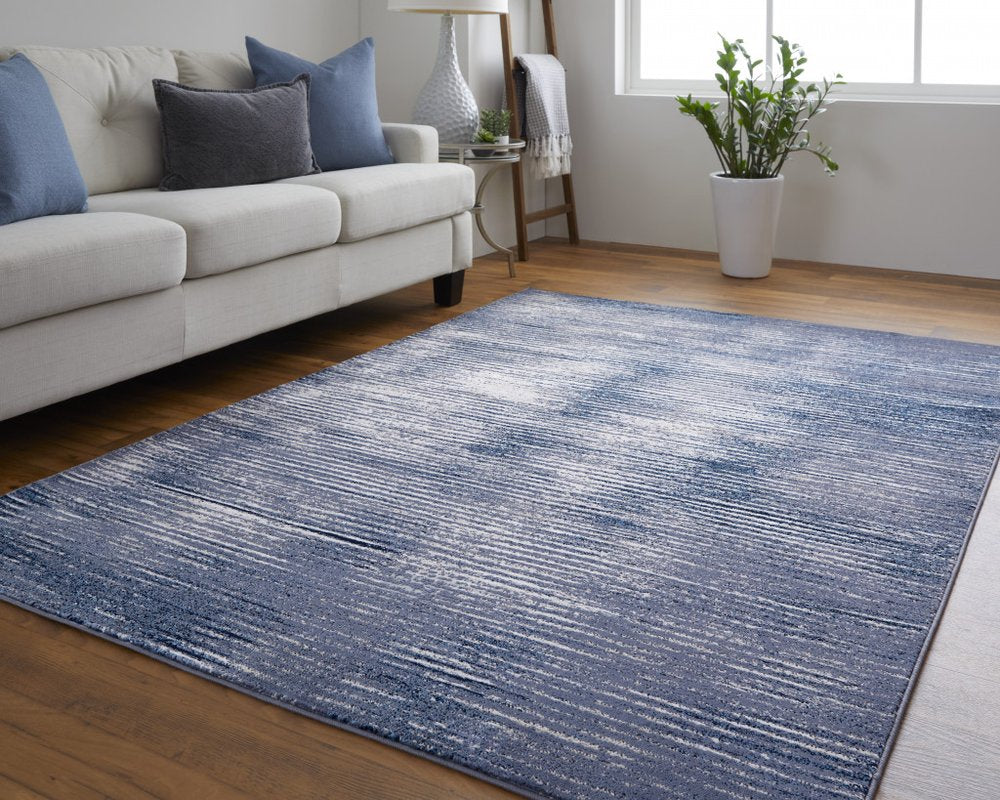 8' X 10' Blue and Ivory Striped Power Loom Distressed Non Skid Area Rug