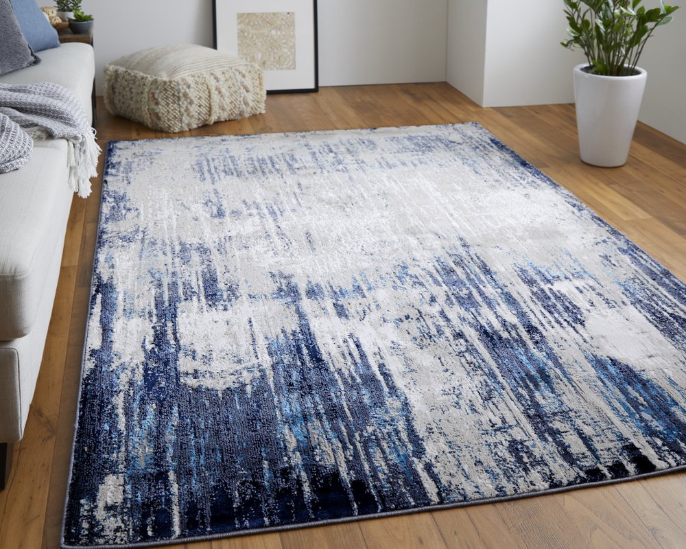 8' X 10' Tan and Blue Abstract Power Loom Distressed Non Skid Area Rug