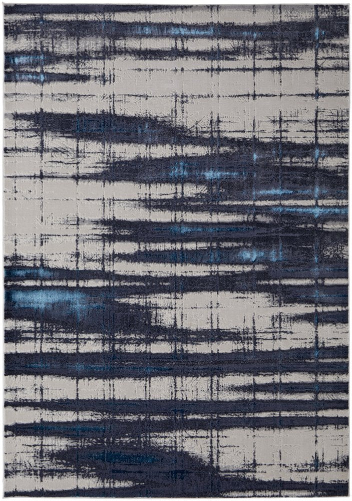 7' X 10' Ivory and Blue Abstract Power Loom Distressed Non Skid Area Rug