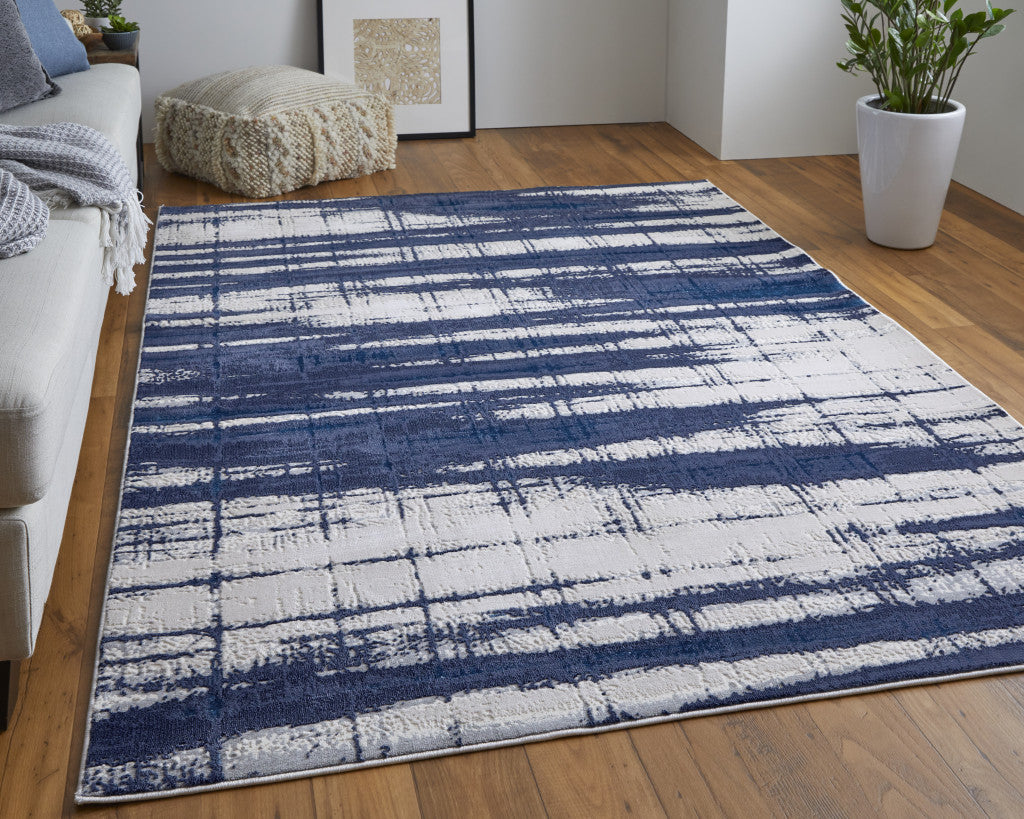 4' X 6' Ivory and Blue Abstract Power Loom Distressed Non Skid Area Rug