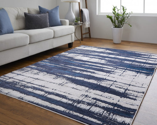 8' Ivory Blue And Gray Abstract Power Loom Distressed Runner Rug