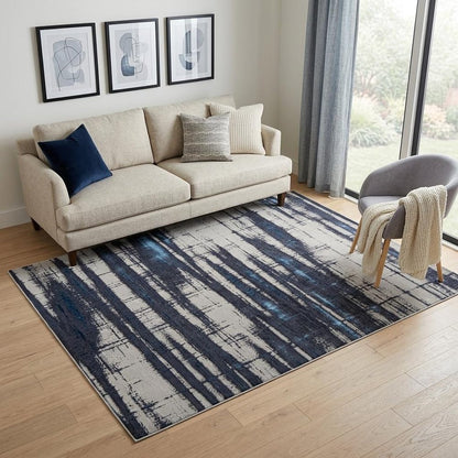 5' X 8' Ivory and Blue Abstract Power Loom Distressed Non Skid Area Rug