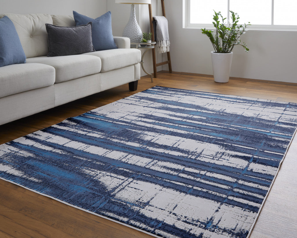 4' X 6' Ivory and Blue Abstract Power Loom Distressed Non Skid Area Rug