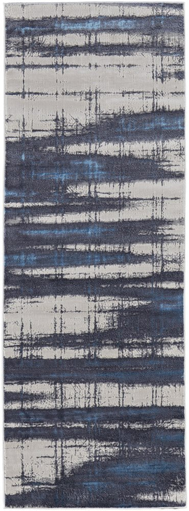 7' X 10' Ivory and Blue Abstract Power Loom Distressed Non Skid Area Rug