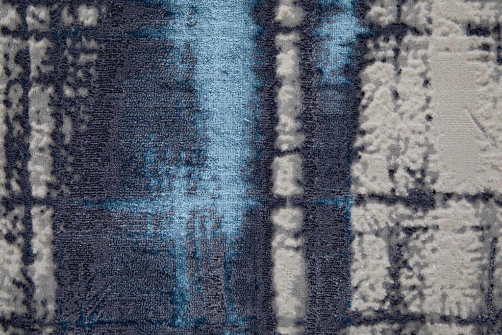 4' X 6' Ivory and Blue Abstract Power Loom Distressed Non Skid Area Rug