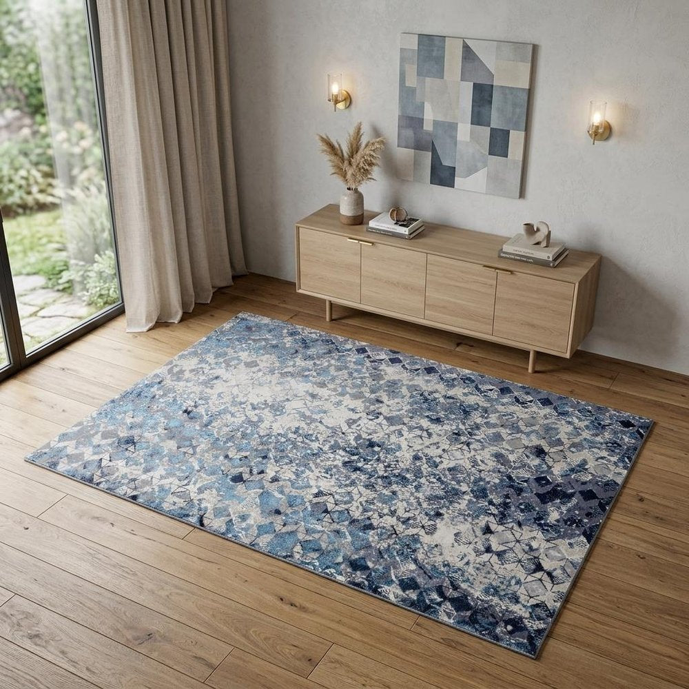 5' X 8' Blue Ivory And Gray Geometric Distressed Area Rug