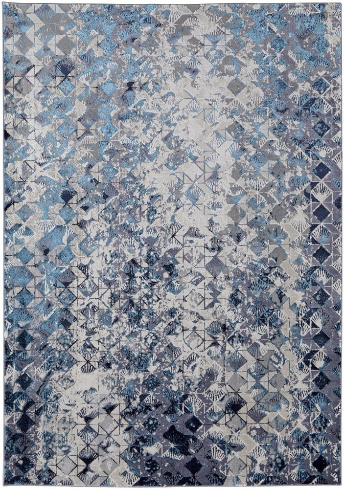 5' X 8' Blue Ivory And Gray Geometric Distressed Area Rug
